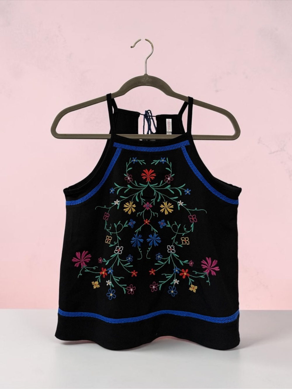 Xhilaration Bohemian Black Embroidered Floral Halter Camisole with Blue Trim Sm
